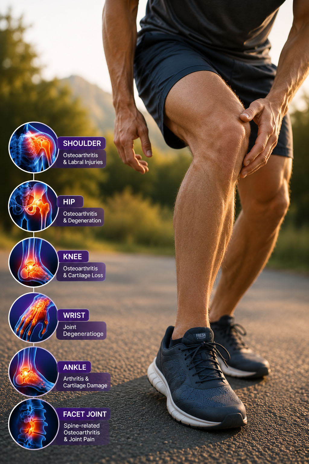 Athlete holding knee with a left-side vertical infographic labeling joints (Shoulder, Hip, Knee, Wrist, Ankle, Facet Joint) and osteoarthritis notes behind.